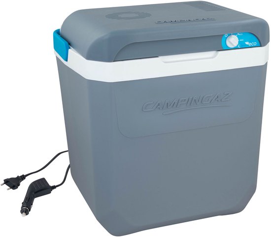 Glacière Campingaz grise avec bande blanche, panneau de commande bleu et câbles.