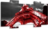 GroepArt - Schilderij - Eiffeltoren - Rood, Zwart, Grijs - 120x65 5Luik - Foto Op Canvas - GroepArt 6000+ Schilderijen 0p Canvas Art Collectie - Wanddecoratie