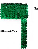 3x Pailletten band breed elastisch groen 2,7cm x 3 meter - Paillet thema party festival kleding feest