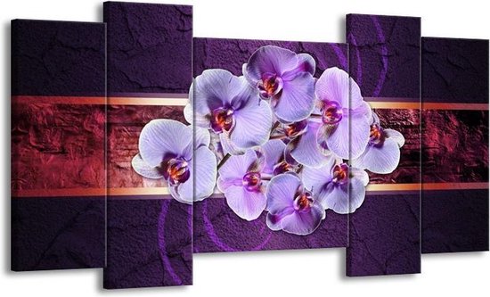 GroepArt - Schilderij - Orchidee - Paars - 120x65 5Luik - Foto Op Canvas - GroepArt 6000+ Schilderijen 0p Canvas Art Collectie - Wanddecoratie