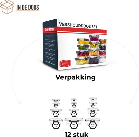 Stosh Vershoudbakjes - Meal Prep Bakjes - Diepvriesbakjes - Glas - 12 Stuks - BPA vrij