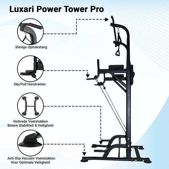 Luxari - Power Tower Pro - Verstelbaar - Inclusief weerstandsbanden - Pull up station - Dip station - Krachttraining - Krachtstation - Hometrainer - Sit ups - Pull up and dip station