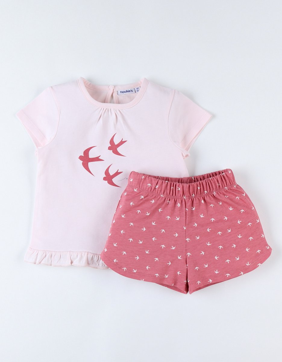 Noukie's Pyjama - Zomer- Meisje - vogels roze - 4j