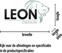 Logo van LEON DESIGN met een leeuw. Afmetingen breedte, lengte, hoogte en dikte aangegeven. Tekst: Kijk voor de afmetingen en specificatie in de product specificaties.