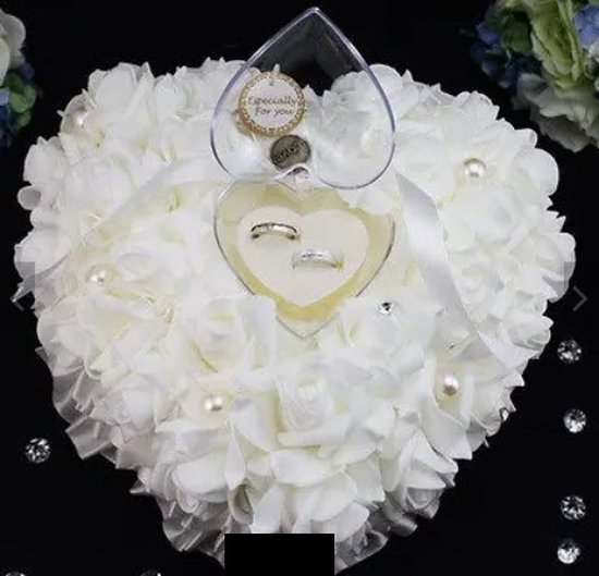 Coussin Bague Cérémonie Avec Strass Coussin Porte-alliances Mariage 21x21cm - Oreiller Cérémonie Avec Nœud Papillon Et Strass - Blanc élégant Support Alliance Strass