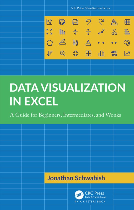 Boekomslag: Data Visualization in Excel door Jonathan Schwabish met blauw rasterpatroon en gele accenten.
