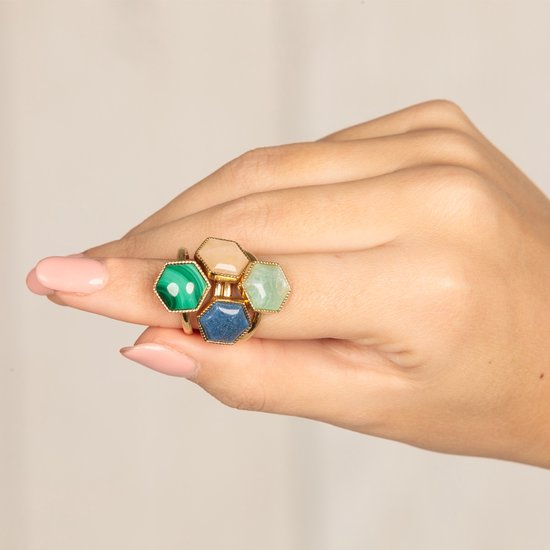 My Bendel - Bague en or avec une grosse pierre précieuse d'aventurine bleue - Bague en or spéciale formée dans un hexagone avec une pierre précieuse d'aventurine bleue - Avec coffret cadeau de luxe