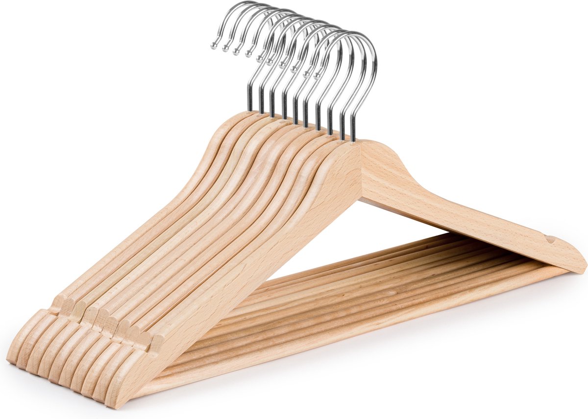 Wicotex-Kledinghanger – SET 10 stuks - houten-kleerhanger, met rok inkepingen en broekspijpen, draaibare haak, Dames en heren kleding - HOUT