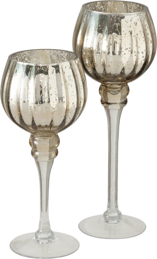 Luxe glazen design kaarsenhouders/windlichten set van 2x stuks metallic  champagne/goud... | bol.com