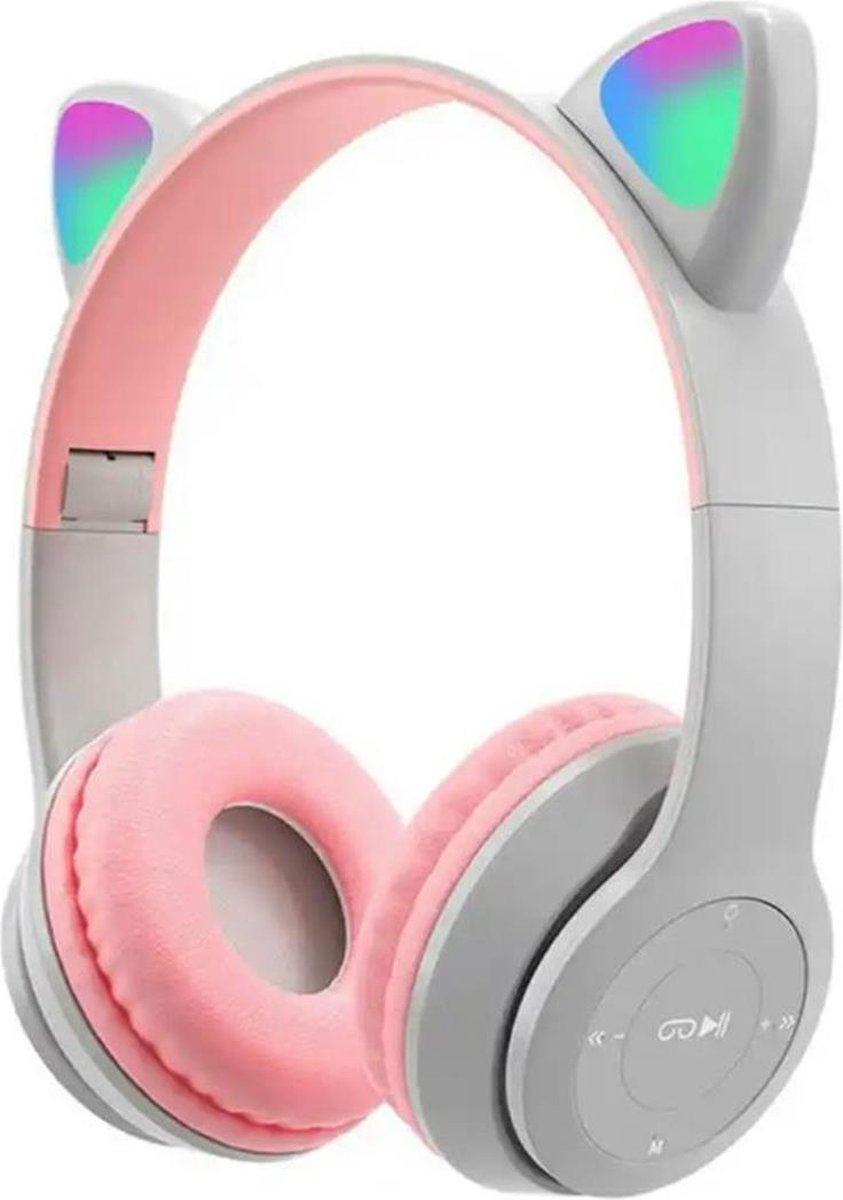 Kinder Hoofdtelefoon-Draadloze Koptelefoon-Kinder Headset-On Ear-Bluetooth-Microfoon-Katten Oorjtes-Led Verlichting-Licht-Zilver