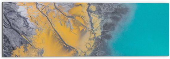 Dibond - Abstract Bruin, Geel en Blauwe Vlekken - 60x20 cm Foto op Aluminium (Wanddecoratie van metaal)