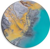 Dibond Muurcirkel - Abstract Bruin, Geel en Blauwe Vlekken - 40x40 cm Foto op Aluminium Muurcirkel (met ophangsysteem)