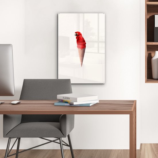MuchoWow® Peinture sur verre 40x60 cm - Peinture sur verre acrylique - Glace - Perroquet - Rouge - Cornets de glace - Wit - Photo sur verre - Peintures