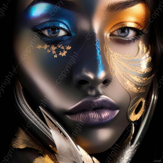 JJ-Art (Canvas) 60x60 | Afrikaanse vrouw – gezicht in zwart, goud, zilver - blauw ogen en paarse lippen - kunst - woonkamer - slaapkamer | modern, vierkant | Foto-Schilderij print (wanddecoratie)