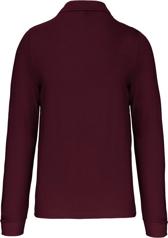Bordeauxrode polo met lange mouwen, achterkant zichtbaar.