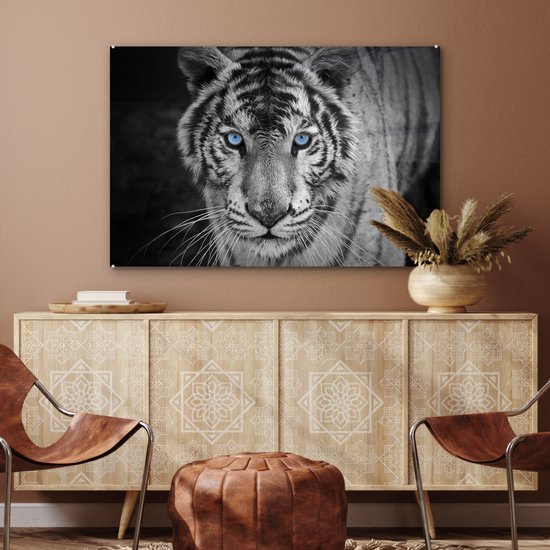 Glasschilderij - Foto op glas - Acrylglas - Dieren - Tijger - Ogen - Blauw - 120x80 cm - Glasschilderij tijger - Glasschilderij zwart wit - Muurdecoratie glas - Wanddecoratie dieren