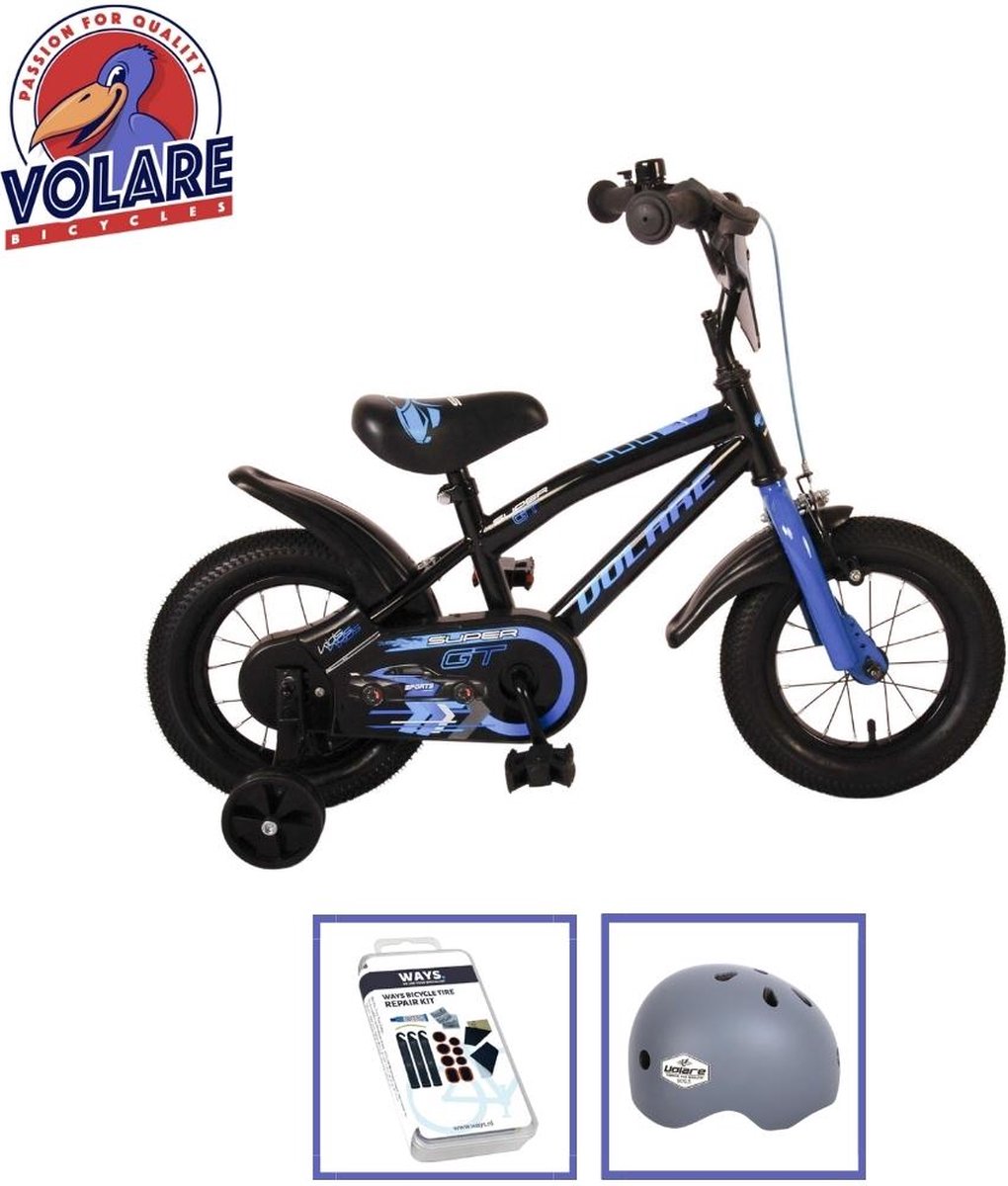Volare Kinderfiets Super GT - 12 inch - Blauw - Inclusief fietshelm + accessoires