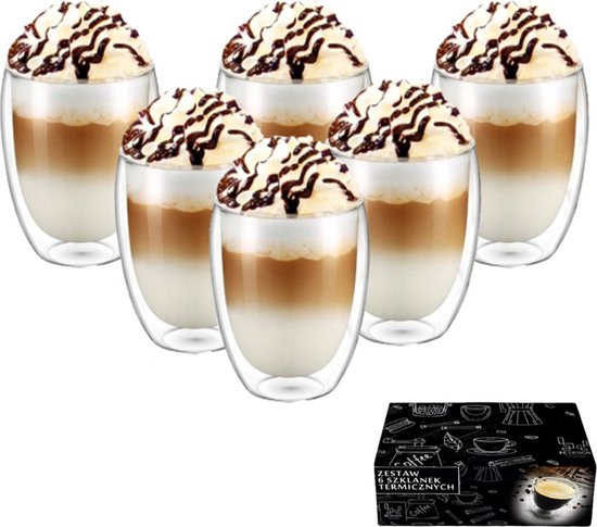 MULEVIP Latte Macchiato-Glazen, Dubbelwandig (6 x 350 ml), Thermoglazen voor Cappuccino, Latte, IJs, Melk, Sap - Met Lepel