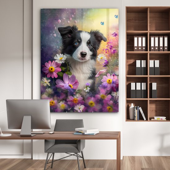 MuchoWow® Peinture sur verre 120x160 cm - Peinture sur verre acrylique - Chien - Fleurs - Nature - Puppy - Border collie - Photo sur verre - Peintures
