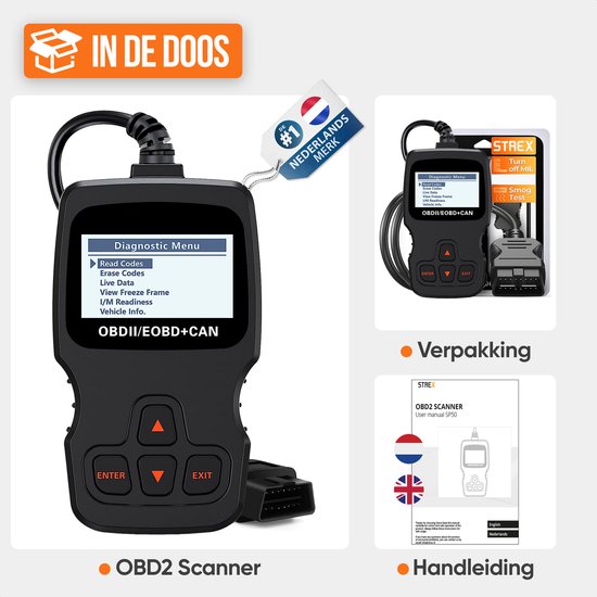 Strex OBD Scanner - OBD2 - Auto uitlezen - Storing Verwijderen - NL Taal - Auto scanner - Diagnose apparatuur voor auto's - Motorstoring - Strex
