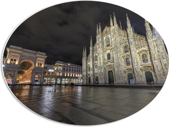WallClassics - PVC Schuimplaat Ovaal - Santa Maria del Fiore Kathedraal op Piazza Del Duomo Plein in Florence, Italië - 56x42 cm Foto op Ovaal (Met Ophangsysteem)