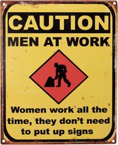 Clayre & Eef Tekstbord 20x25 cm Geel Ijzer Caution men at work Wandbord