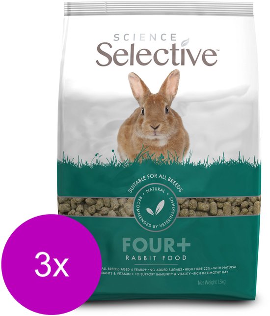 Selectieve Vier+ konijnenvoerzak met een bruine konijn erop. Zak is 1,5 kg.