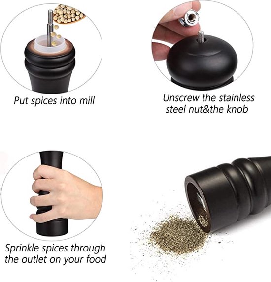 Instructions étape par étape pour l'utilisation du moulin à poivre, y compris le remplissage, le démontage et la dispersion des épices.