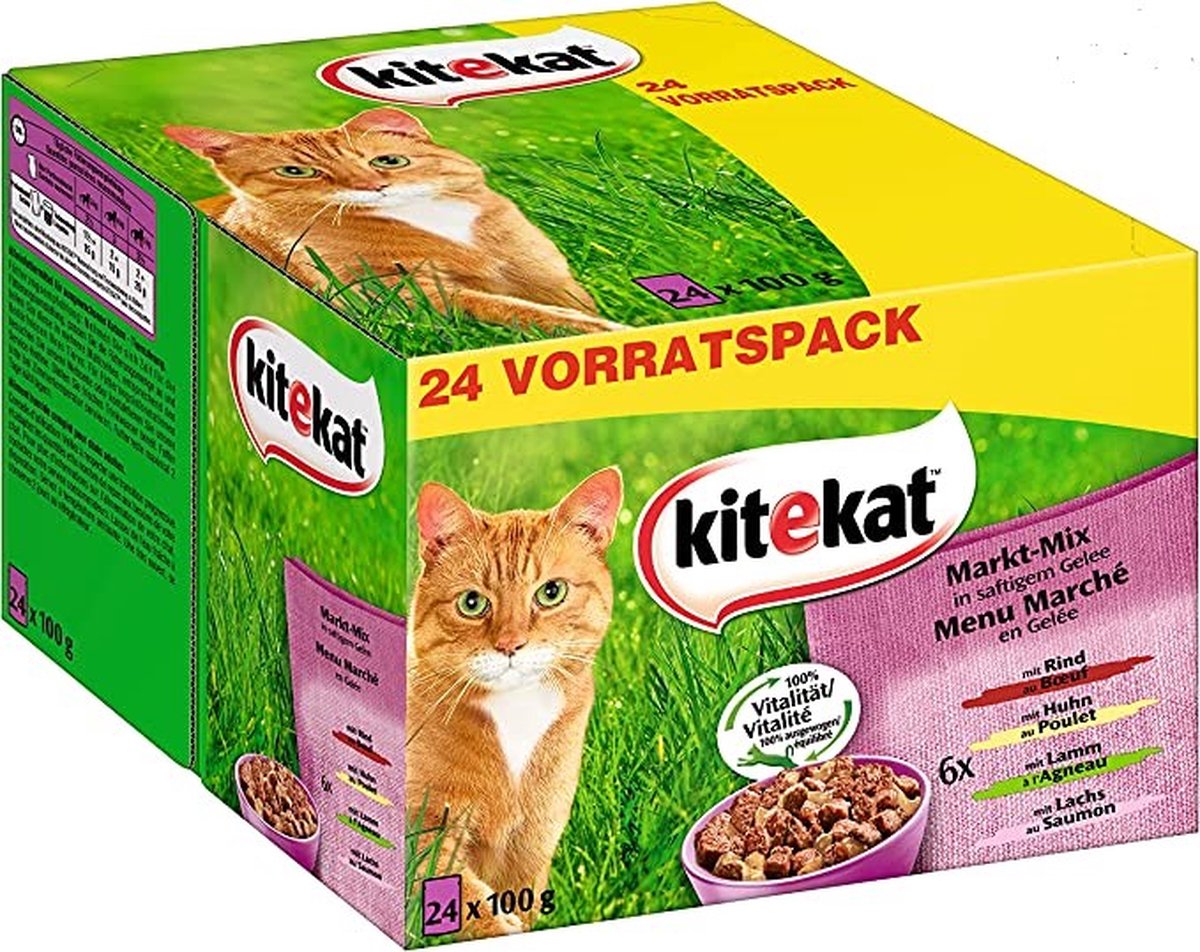Kitekat Kitekat Natvoer - 48x100 g Runds, Kip, Lams, Zalm - in gelei - Kattenvoeding