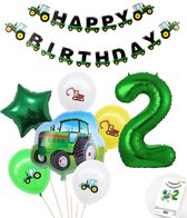 Cijfer ballon 2 jaar Trekker - Tractor Plus Pakket Inclusief Happy Birthday Slinger - Boer - Boerderij - Themafeest Ballonnenpakket - Groen - Helium Ballon - Snoes