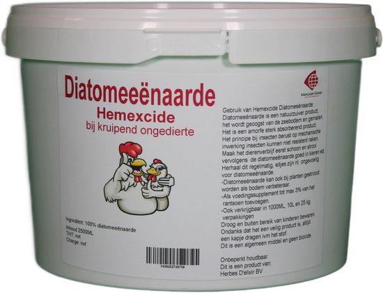 Witte emmer met rode tekst: "Diatomeeënaarde Hemexcide bij kruipend ongedierte", met een tekening van een kip.