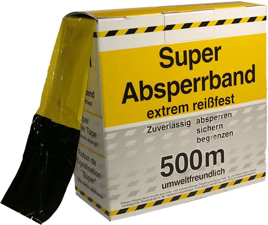 Afzetlint, 'Super Absperrband' 500m, met gele en zwarte strepen.