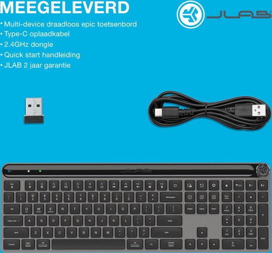 JLAB Epic Draadloos Toetsenbord - Bluetooth en/of USB dongle verbinding - 3 Apparaten - Stille toetsaanslag - Verlicht toetsenbord - Qwerty - JLab