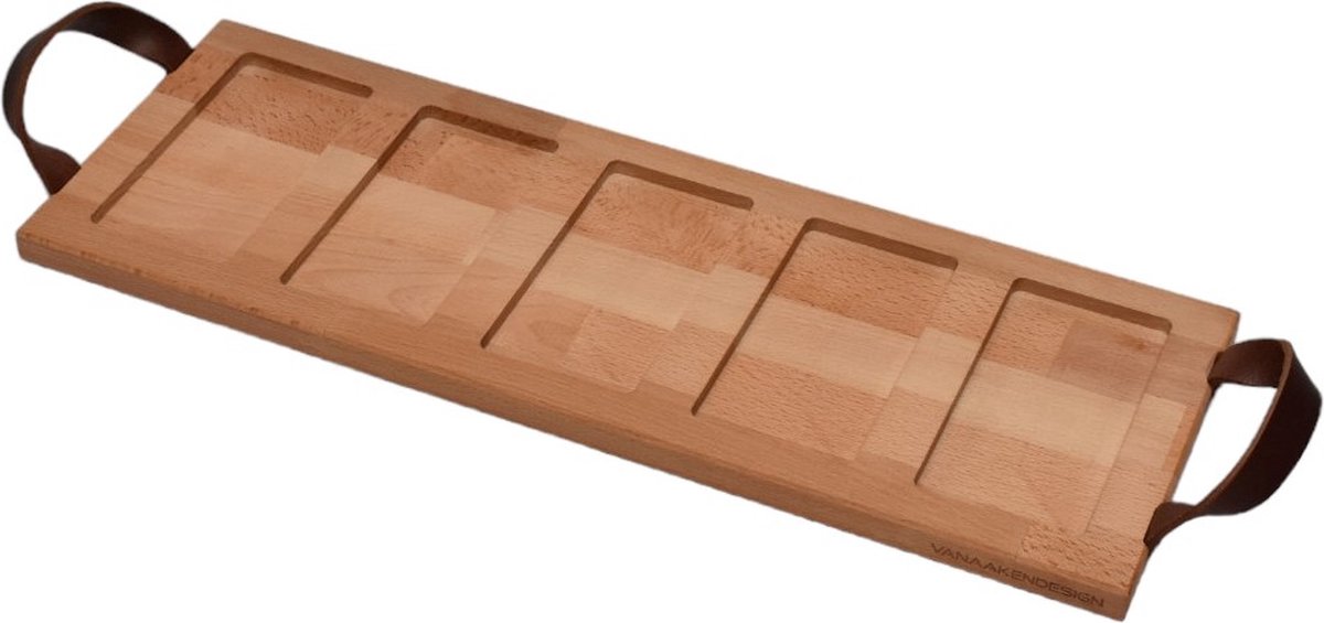 Beuken houten snijplank met gaten 50cm x 18cm met lederen handvatten - Borrelplank - Serveerplank - Van Aaken Design