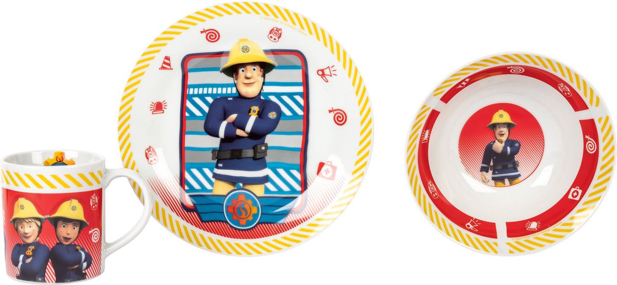 Kinderservies Brandweerman Sam - Set: 3-delig - Geschikt voor: vaatwasser en magnetron - Uitzonderlijk frisse en kleurrijke ontwerpen - Avontuurlijk plezier bij het ontbijt - Met uitstekende keramische kwaliteit