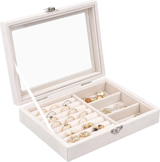 Jewellery Box with Glass Lid, 3 Grid Women's Jewellery Box, Jewellery Storage for Jewellery, Flocking Jewellery Case for Necklaces, Earrings, Bracelets and Rings, Large Jewellery Box (Beige)
