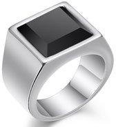 Zegelring Heren Zilver kleurig met Zwarte Steen - Staal - Ring Ringen Mannen - Cadeau voor Man - Mannen Cadeautjes