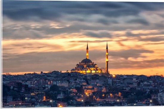 WallClassics - Acrylglas - Süleymaniye-Moskee op Begin van de Avond in Istanbul, Turkije - 60x40 cm Foto op Acrylglas (Wanddecoratie op Acrylaat)