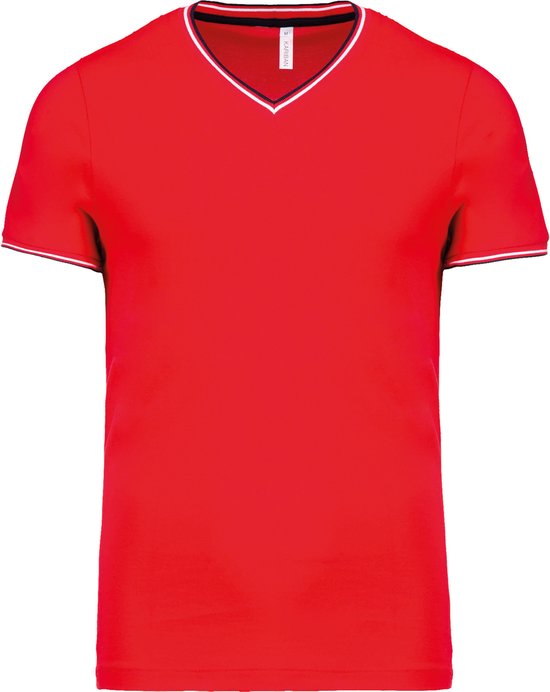 Rood met blauw-wit t-shirt met streepje bij kraag en mouw V-hals merk Kariban maat L