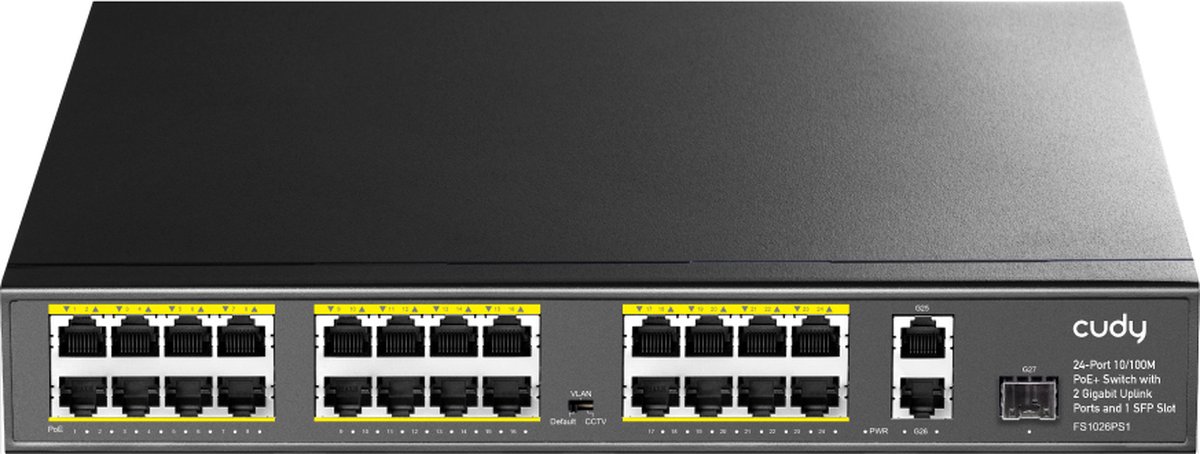 Cudy 24-poorts 10/100M PoE+ switch met 2 gigabit uplinkpoorten en 1 SFP-slot, model