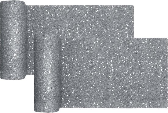 Santex Kerstdiner glitter tafelloper smal op rol - 2x - zilver - 18 x 500 cm - polyester