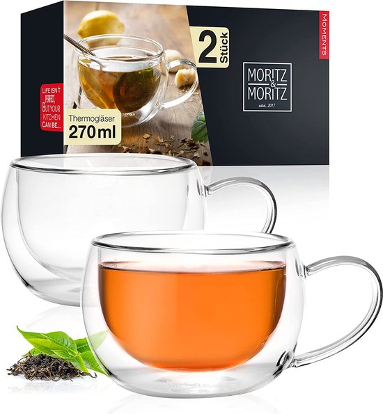 Wilmax Dubbelwandige thermoglazen met handvat, set van 2, 250 ml, thermokopjes, theeglas, latte macchiato-glazen, koffieglazen, cappuccinoglazen met handvat