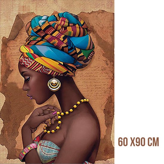 Allernieuwste.nl® Peinture sur Toile Belle Femme Africaine Fille - Art Africain Moderne - Salon - Affiche - 60 x 90 cm - Couleur