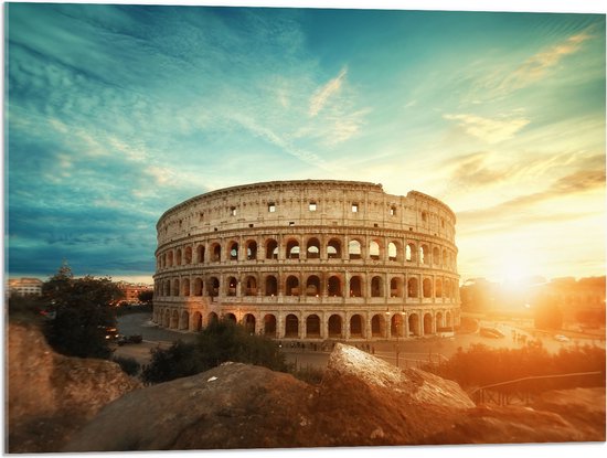 Acrylglas - Zonsondergang achter het Colesseum in Rome, Italië - 80x60 cm Foto op Acrylglas (Met Ophangsysteem)