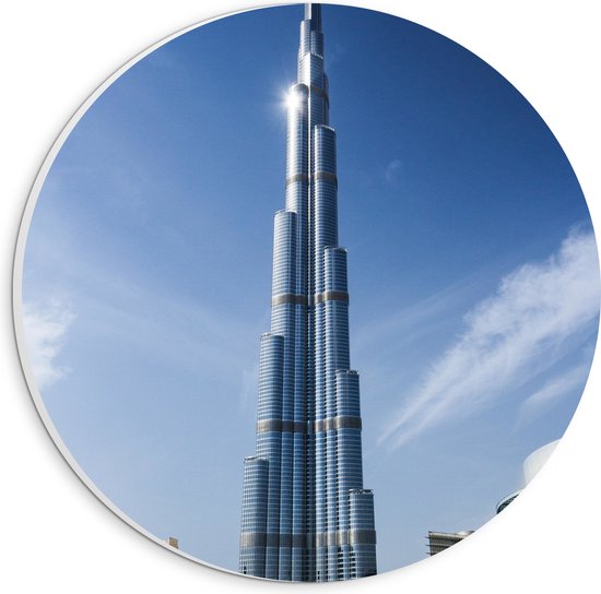 PVC Schuimplaat Muurcirkel - Wolken en Zonlicht op Burj Khalifa Hotel - 20x20 cm Foto op Muurcirkel (met ophangsysteem)
