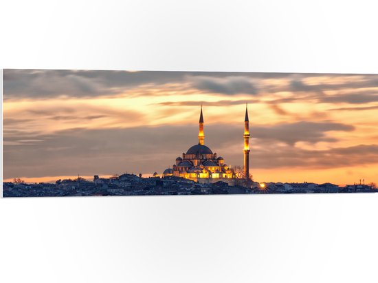 WallClassics - PVC Schuimplaat - Süleymaniye-Moskee op Begin van de Avond in Istanbul, Turkije - 120x40 cm Foto op PVC Schuimplaat (Met Ophangsysteem)