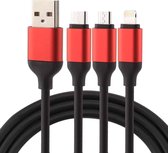 2A 1.2m 3 in 1 USB naar 8 pins en USB-C / Type-C en Micro USB-oplaadkabel (zwart + rood), voor iPhone / iPad / Galaxy / Huawei / Xiaomi / LG / HTC / Meizu en andere slimme telefoon