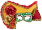 Luxe oogmasker Venetie rood/geel/groen met hoed - Carnaval thema feest party optocht festival