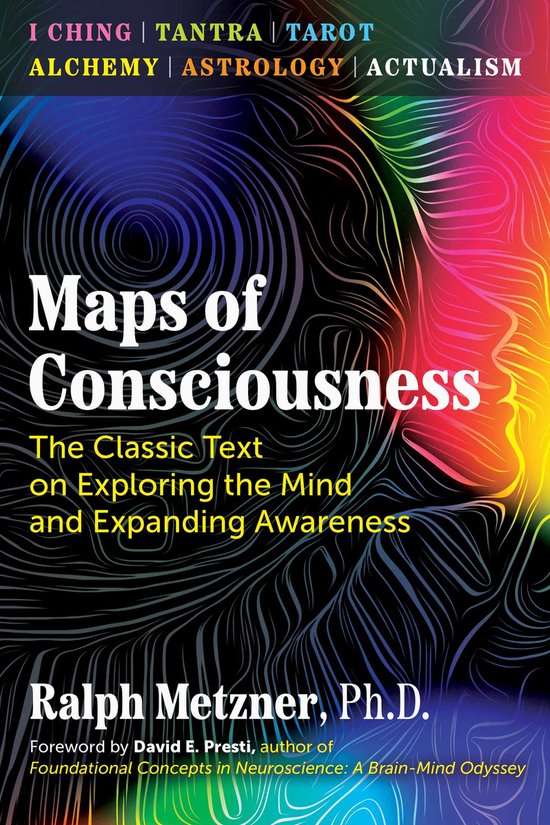 Boekomslag met abstracte wervelingen in levendige kleuren, met de titel 'Maps of Consciousness' door Ralph Metzner.