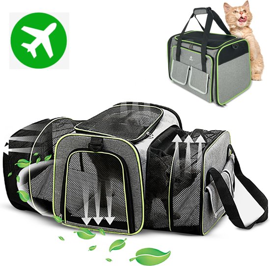 W&Z Carrying Bag Dog and Cat - Travel Bag - Transport Bag - Sac de voyage portable animaux avec bols de nourriture supplémentaires - Convient comme Bagage à main - Grijs, Vert